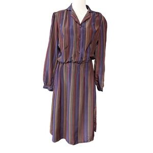 Royal Silk Shirt Dress Womens 14 Multicolor Striped Silk Midi Collared Pockets